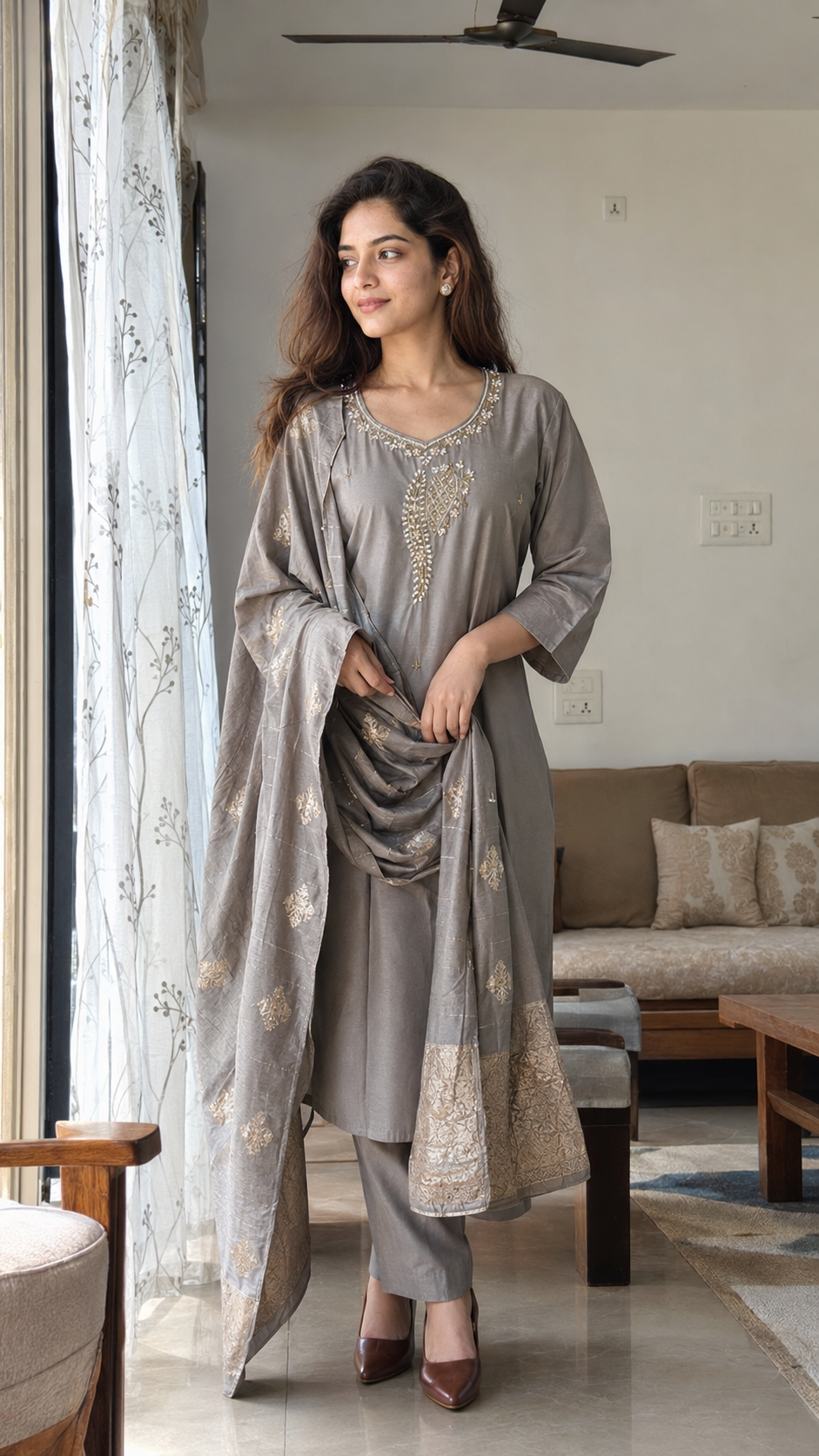 Raahi Silver Roman Silk Kurta Set