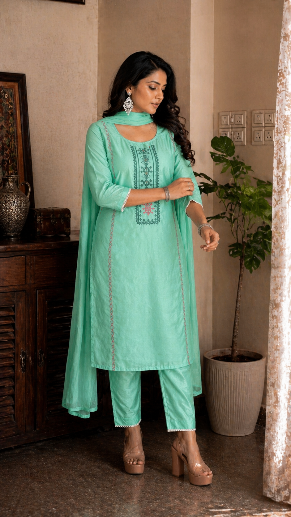 Chanderi Cross-Stitch Kurti Set