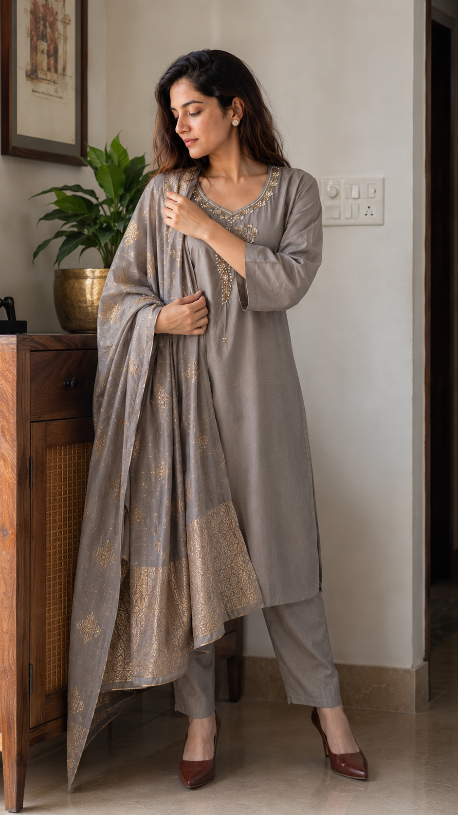 Raahi Silver Roman Silk Kurta Set