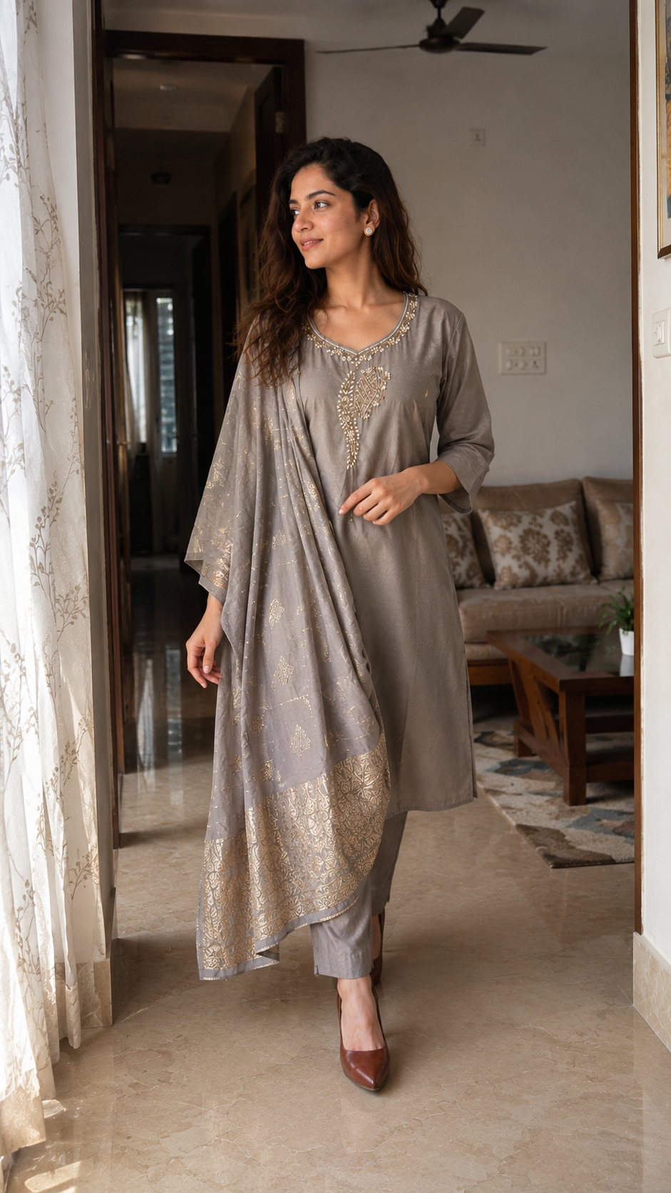 Raahi Silver Roman Silk Kurta Set