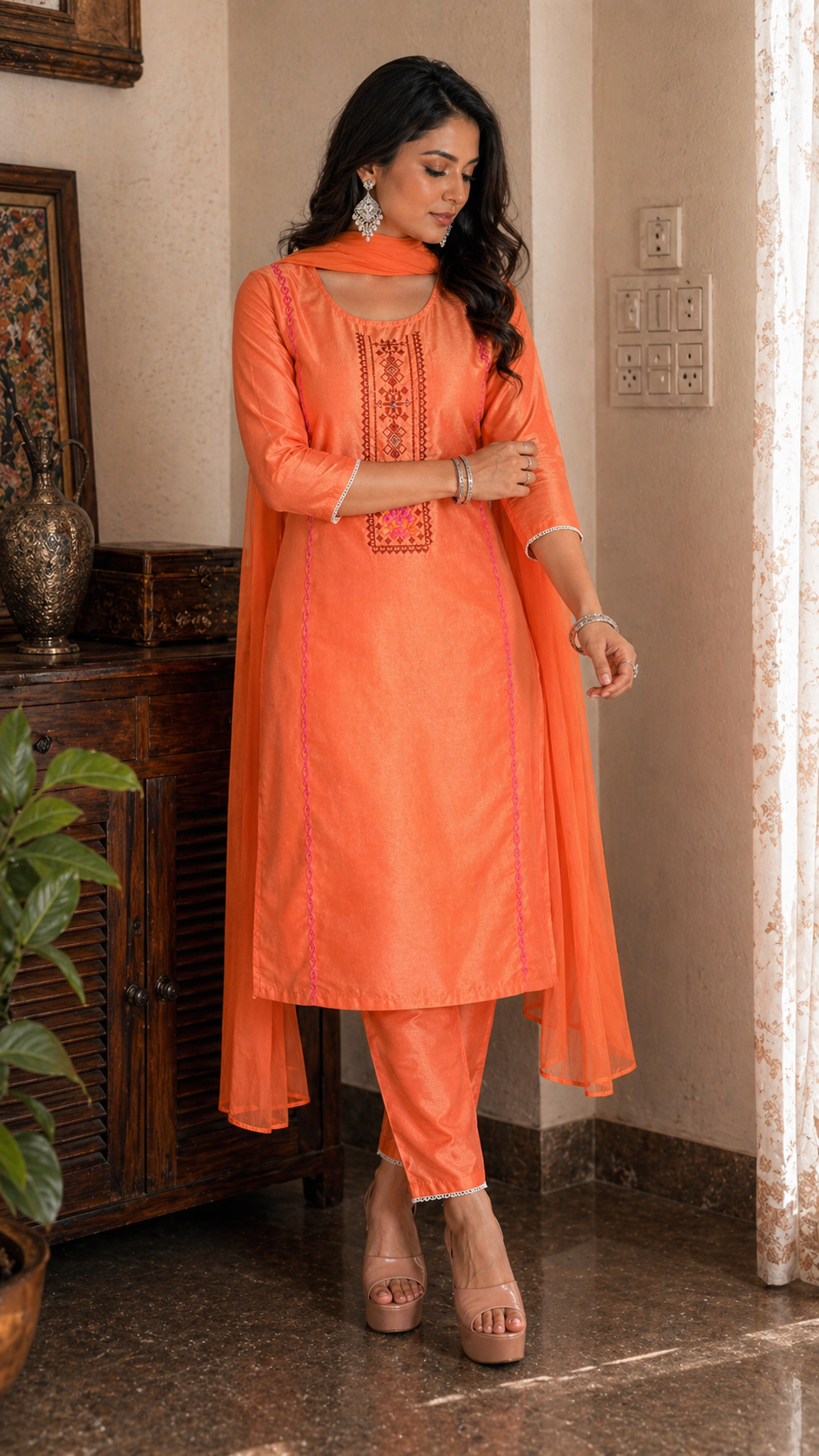 Chanderi Cross-Stitch Kurti Set