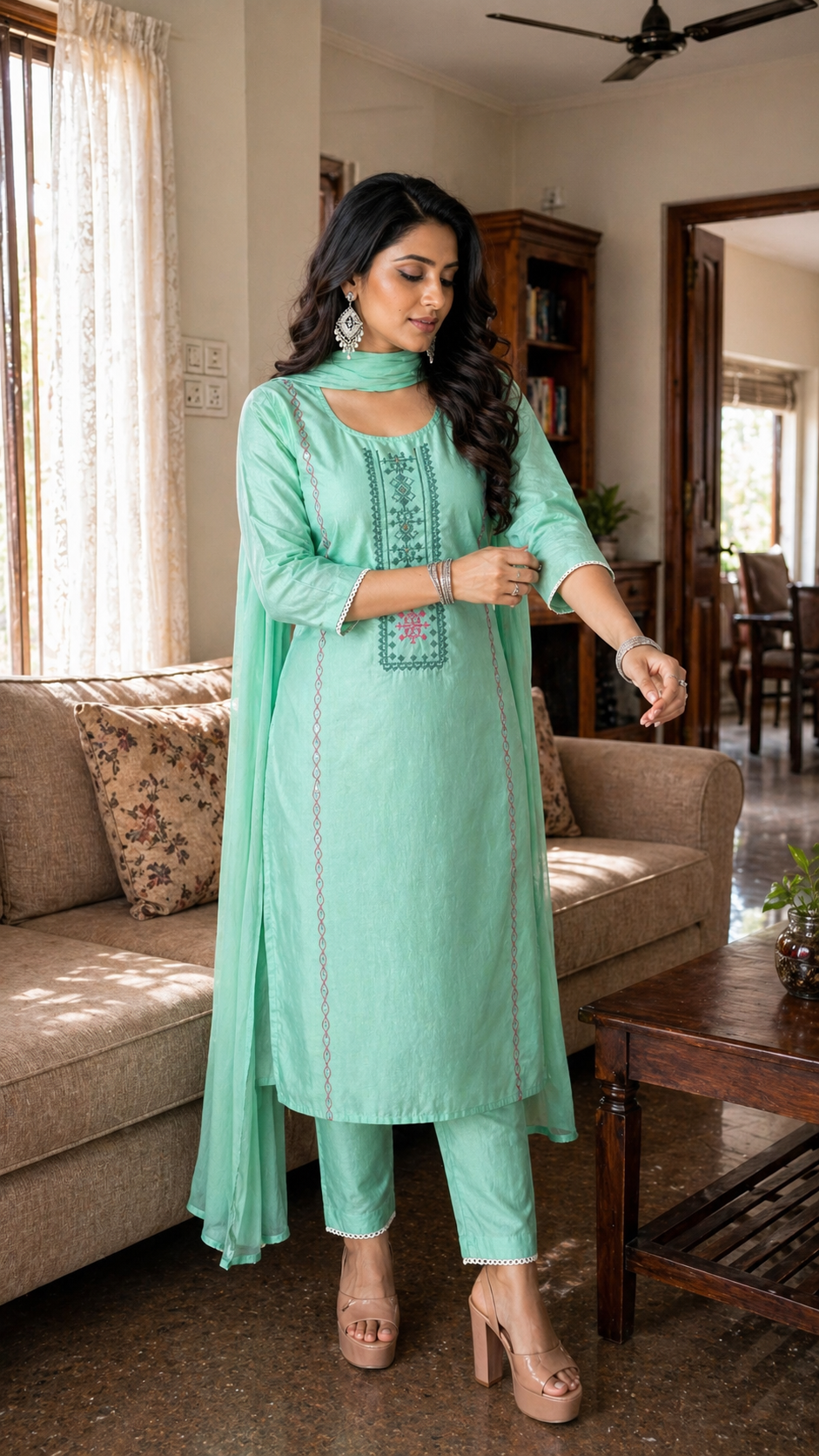 Chanderi Cross-Stitch Kurti Set