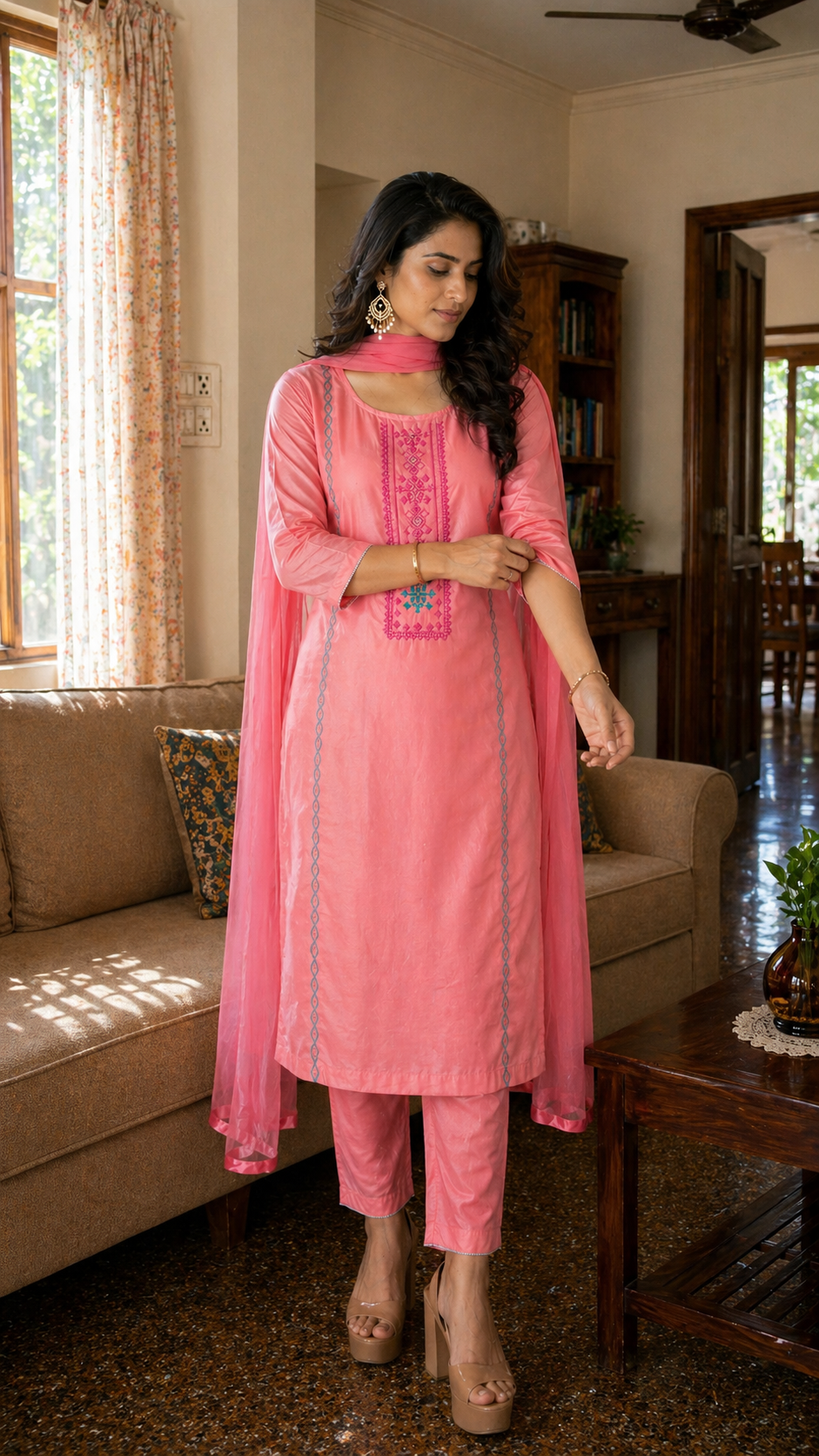 Chanderi Cross-Stitch Kurti Set
