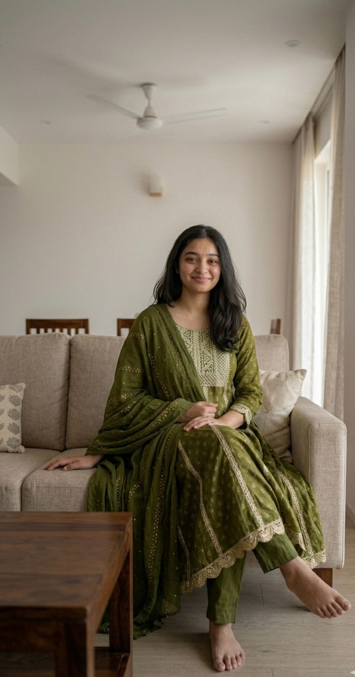 Mehendi Gulkari Anarkali Set