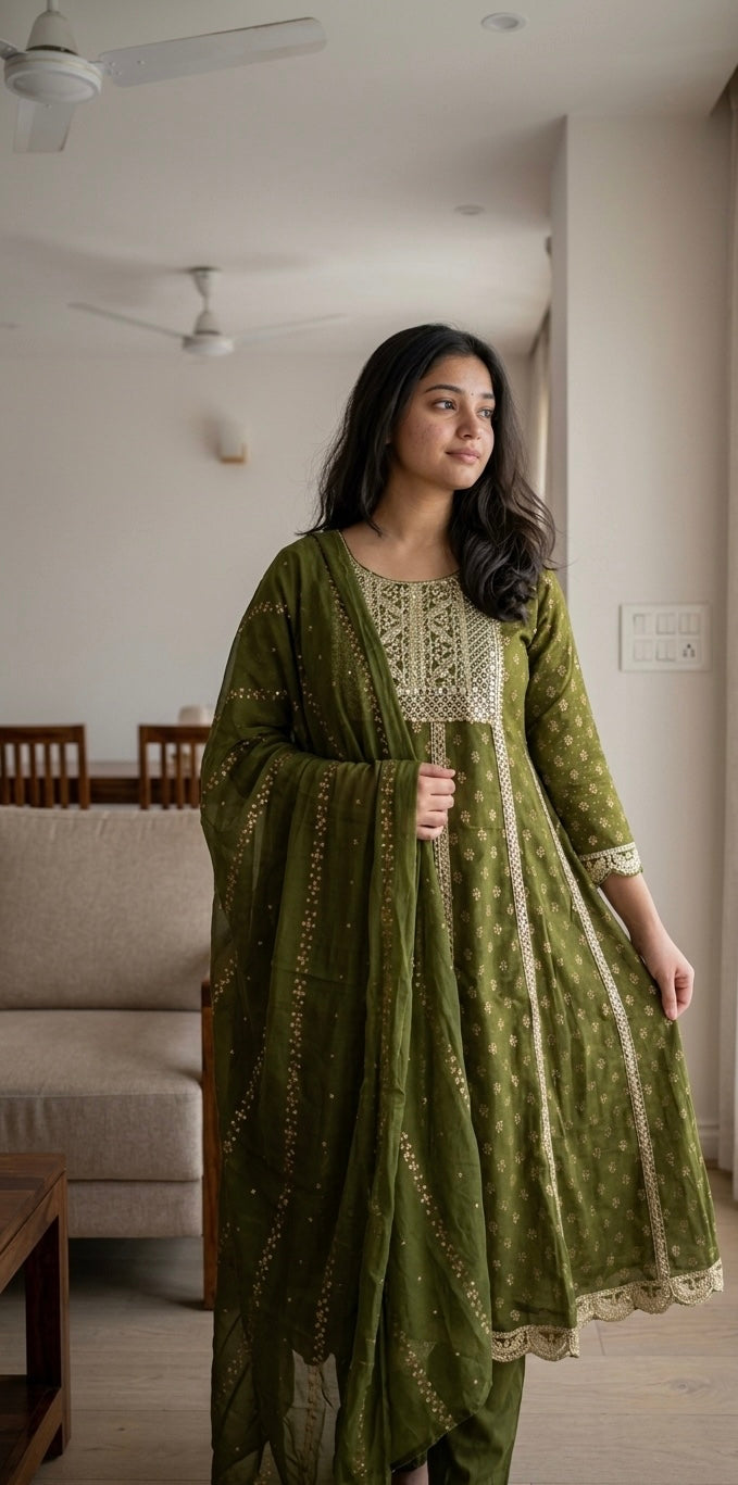 Mehendi Gulkari Anarkali Set