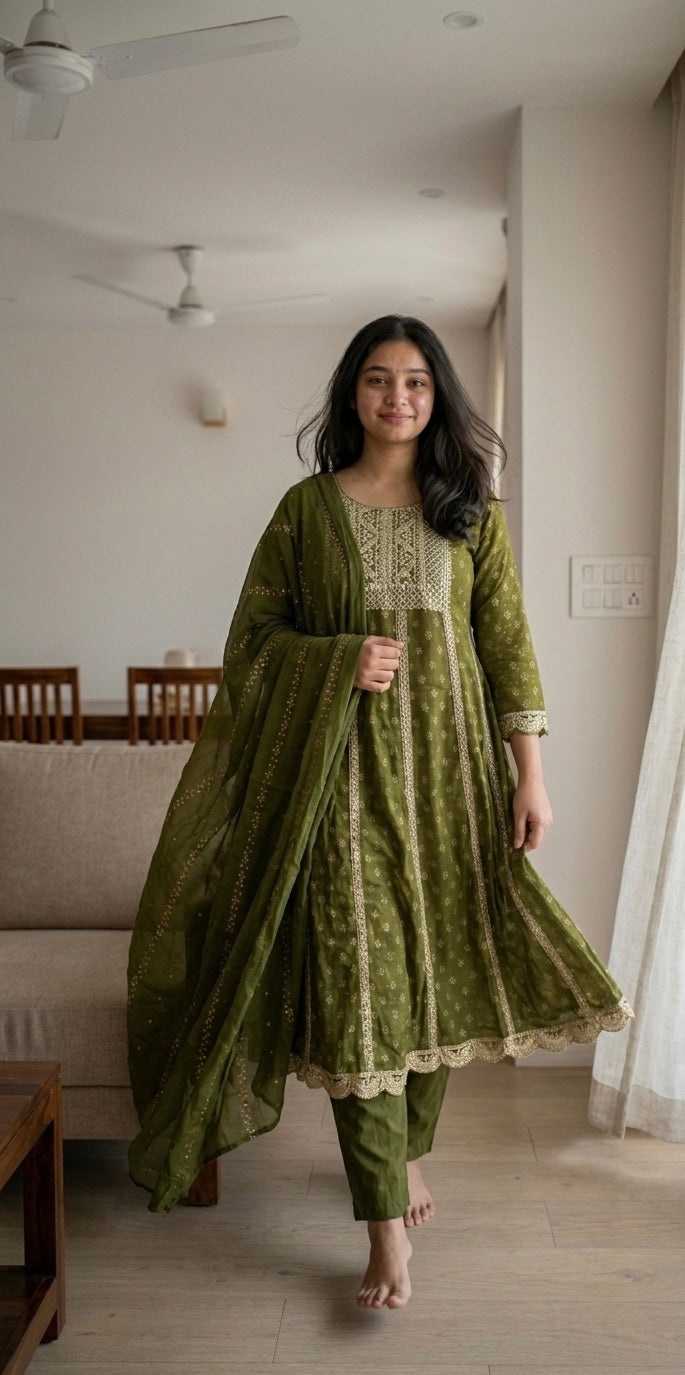 Mehendi Gulkari Anarkali Set